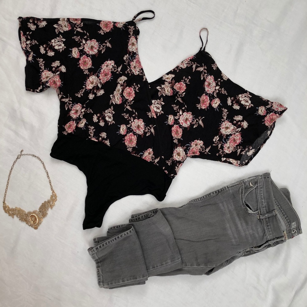 Black and Pink Floral Bodysuit